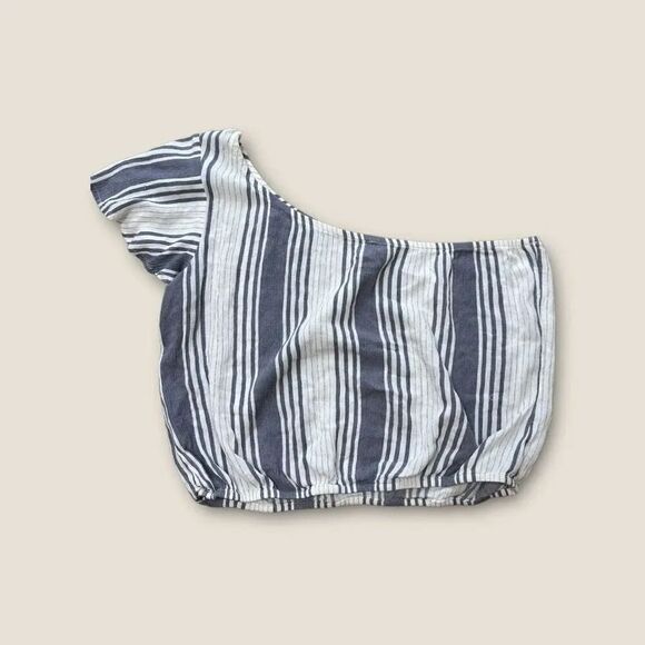 Veronica M Blue White Striped One Shoulder Top Cropped XS - Picture 2 of 4